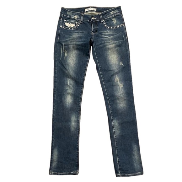 Liuce’s Jeans 3 x 31.5” rhinestones & rivets in distressed low rise slim jeans - Picture 1 of 12